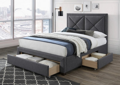 Grey Queen Bed with Storage Drawers & Tufted Wing Headboard main image 1