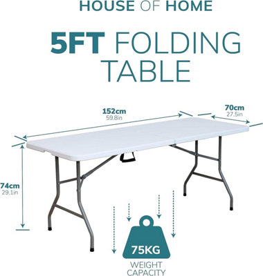 5ft Folding Table Heavy Duty Indoor or Outdoor Foldable Collapsible Tables White Fold Up Picnic Camping