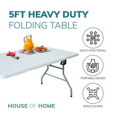 5ft Folding Table Heavy Duty Indoor or Outdoor Foldable Collapsible Tables White Fold Up Picnic Camping - 3