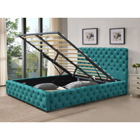 5ft Green Tufted Fabric Gas Lift Ottoman Bed Frame