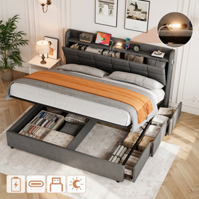 King Size Upholstered Headboard With LED Lights & Charging Station - Modern Bed Headboard With USB Ports & Adjustable Height