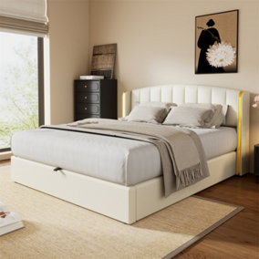 5FT, King Bed, Gold Edge Ear Design, Bed Box with Storage, PU, With Slat Frame and Headboard, Without Mattress,Beige 