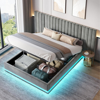 5FT King Size Ottoman Bed Frame, Hydraulic Storage, LED Light, Soft Velvet Fabric Grey