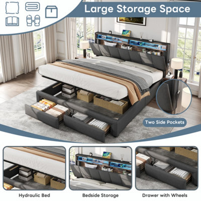 5ft King Upholstered Bed Frame with Hydraulic Storage, LED Headboard ...