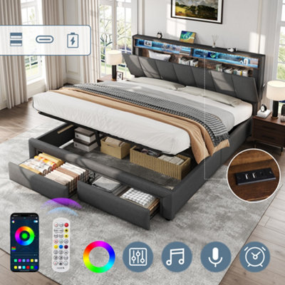 5ft King Upholstered Bed Frame with Hydraulic Storage, LED Headboard ...