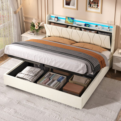 5ft King Upholstered Storage Bed with LED Headboard & Charging Station ...