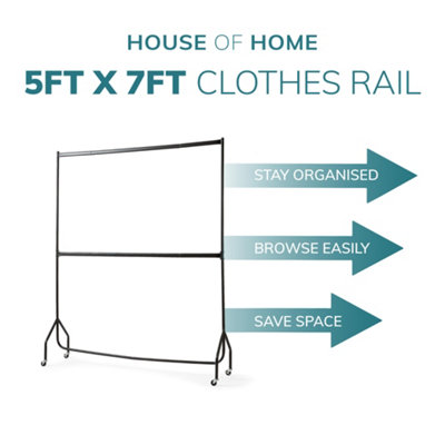 5ft long x 7ft Two Tier Heavy Duty Clothes Rail Garment Hanging Rack In Black - 6