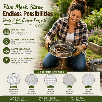 5in1 Stainless Steel Soil Sieve Compost Set Garden Sifter Mesh Screens ...