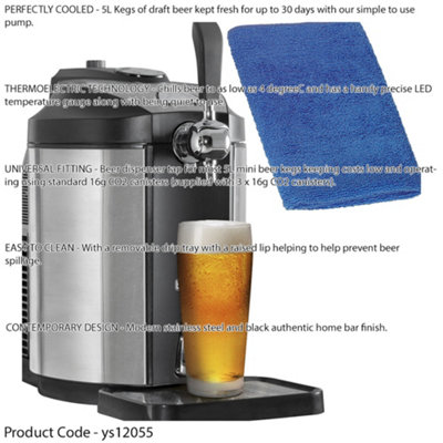 5L Mini Keg Drinks Dispenser Tap & Cloth - Home Draught Set Integrated Cooling