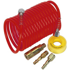 5m PU Coiled Air Hose Kit - 1/4 Inch BSP Unions - Quick Release Coupling Kit