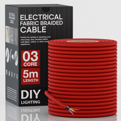 5m Red Braided Flex Electrical Wire 3 Core Round Vintage Fabric Cable ...