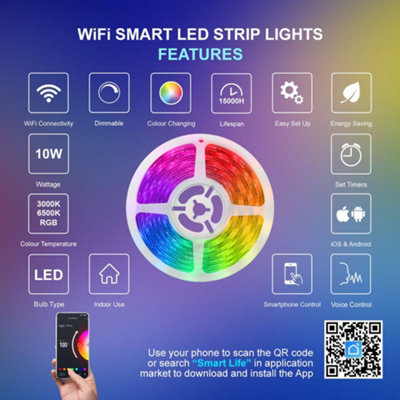5M Smart WiFi RGB LED Strip Lights Plug and Play Kit Dimmable with IR Remote App Controlled