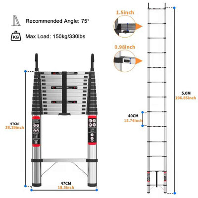 5m Stainless Steel Telescopic Ladder, 150kg Load Capacity, Extendable ...