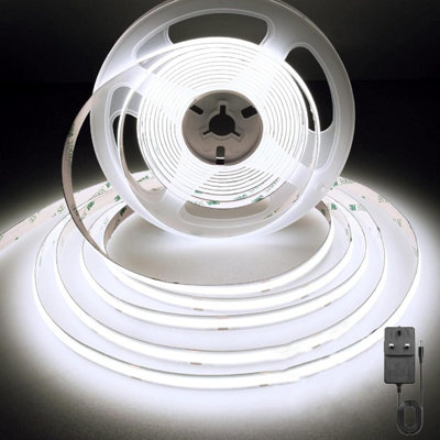 5M White 12V COB LED Strip Lights with 300 LEDs/M 10W/M 1100lm/M CRI 90-92 6500K Ultra Bright & Energy Efficient Lighting