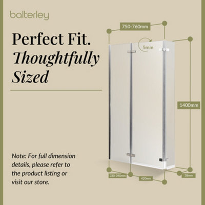 5mm Toughened Safety Glass Centre Hinged L Shaped Shower Bath Screen - Chrome - 5