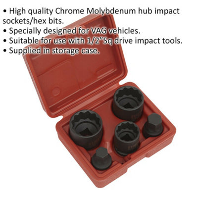 5pc 12 Point Impact Hub Socket & Bit Set - 1/2" Sq Drive - For  Vehicles
