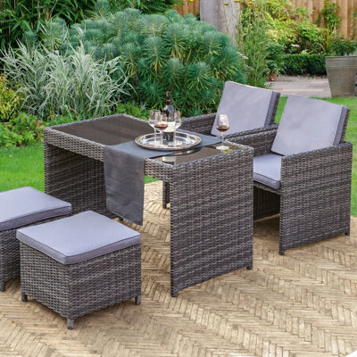 5pc Grey Wicker Patio Nesting Furniture Set Modern Stylish Weatherproof Outdoor Garden Table 2 Chairs 2 Stools with Cushions DIY at B Q