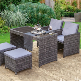 5pc Grey Wicker Patio Nesting Furniture Set - Modern Stylish Weatherproof Outdoor Garden Table, 2 Chairs & 2 Stools with Cushions