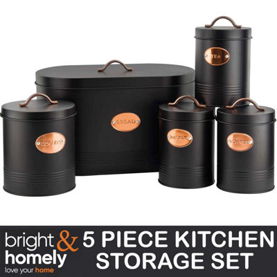 5pc Storage Kitchen Canister Set Tea Coffee Sugar Biscuit Tin Bread Bin Jars