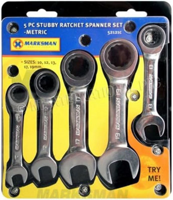 5pc Stubby Spanner Set Ratchet Wrench Combination 10mm - 19mm Garage ...