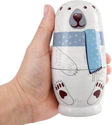 FunnyGoo Handmade Wooden Nesting Dolls – Polar Bear & Penguin Christmas Decoration Set, 5-Piece