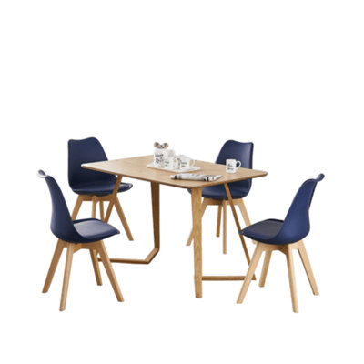 5PCs Dallas Lorenzo Scandinavian Dining Set, an Oak Dining Table and Set of 4 Royal Blue Plastic chairs w/ leather cushion Seats