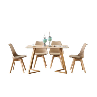 5PCs Dallas Lorenzo Scandinavian Dining Set, an Oak Dining Table and Set of 4 Vanilla Plastic chairs w/ leather cushion Seats