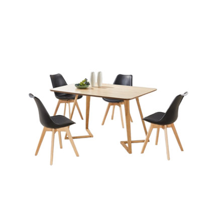 5PCs Dallas Lorenzo Scandinavian Dining Set, an Oak Wooden Dining Table and Set of 4 Black Plastic chairs w/ leather cushion Seats