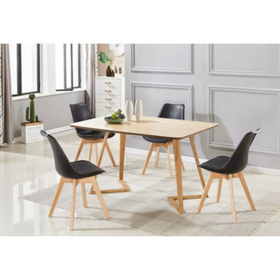 5PCs Dallas Lorenzo Scandinavian Dining Set, an Oak Wooden Dining Table and Set of 4 Black Plastic chairs w/ leather cushion Seats