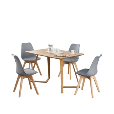 5PCs Dallas Lorenzo Scandinavian Dining Set, an Oak Wooden Dining Table and Set of 4 Grey Plastic chairs w/ leather cushion Seats