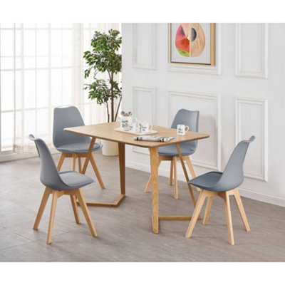 5PCs Dallas Lorenzo Scandinavian Dining Set, an Oak Wooden Dining Table and Set of 4 Grey Plastic chairs w/ leather cushion Seats