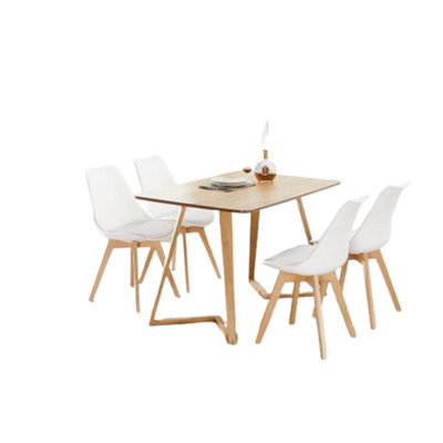 5PCs Dallas Lorenzo Scandinavian Dining Set, an Oak Wooden Dining Table and Set of 4 White Plastic chairs w/ leather cushion Seats