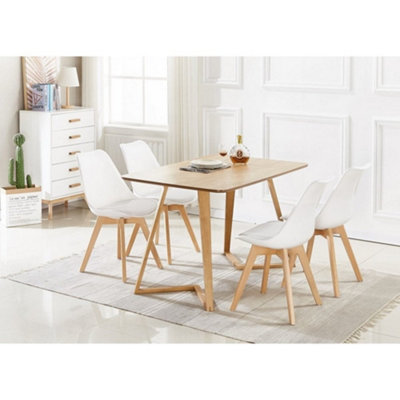 5PCs Dallas Lorenzo Scandinavian Dining Set, an Oak Wooden Dining Table and Set of 4 White Plastic chairs w/ leather cushion Seats