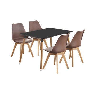 5PCs Dining Set - a Black Halo Dining Table & Set of 4 Brown Lorenzo Tulip chairs with Padded Seat