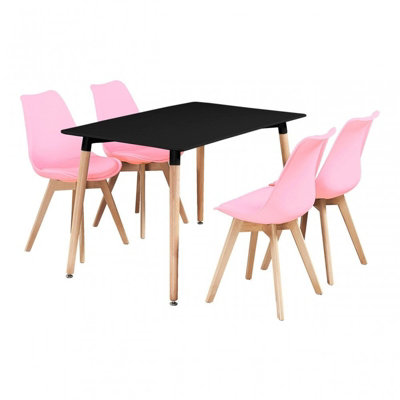 5PCs Dining Set - a Black Halo Dining Table & Set of 4 Pink Lorenzo Tulip chairs with Padded Seat