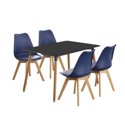 5PCs Dining Set - a Black Halo Dining Table & Set of 4 Royal Blue Lorenzo Tulip chairs with Padded Seat