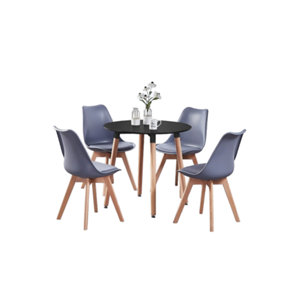 5PCs Dining Set - a Black Round Dining Table & Set of 4 Grey Lorenzo Tulip chairs with Padded Seat