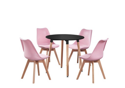 5PCs Dining Set - a Black Round Dining Table & Set of 4 Pink Lorenzo Tulip chairs with Padded Seat