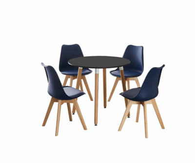5PCs Dining Set - a Black Round Dining Table & Set of 4 Royal Blue Lorenzo Tulip chairs with Padded Seat