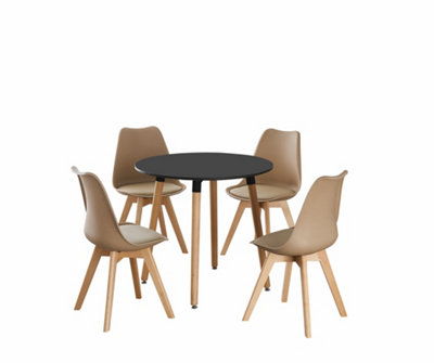 5PCs Dining Set - a Black Round Dining Table & Set of 4 Vanilla Lorenzo Tulip chairs with Padded Seat