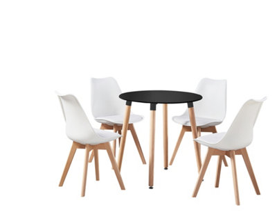 5PCs Dining Set - a Black Round Dining Table & Set of 4 White Lorenzo Tulip chairs with Padded Seat