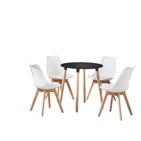 5PCs Dining Set - a Black Round Dining Table & Set of 4 White Lorenzo Tulip chairs with Padded Seat