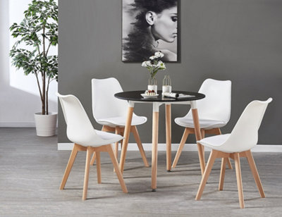 5PCs Dining Set - a Black Round Dining Table & Set of 4 White Lorenzo Tulip chairs with Padded Seat