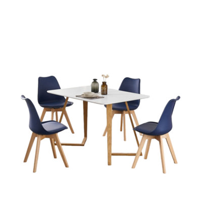 5PCs Dining Set - a White Dallas Dining Table & Set of 4 Blue Lorenzo Tulip chairs with Padded Seat