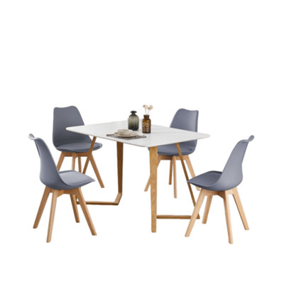 5PCs Dining Set - a White Dallas Dining Table & Set of 4 Grey Lorenzo Tulip chairs with Padded Seat