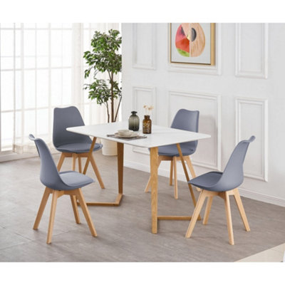 5PCs Dining Set - a White Dallas Dining Table & Set of 4 Grey Lorenzo Tulip chairs with Padded Seat