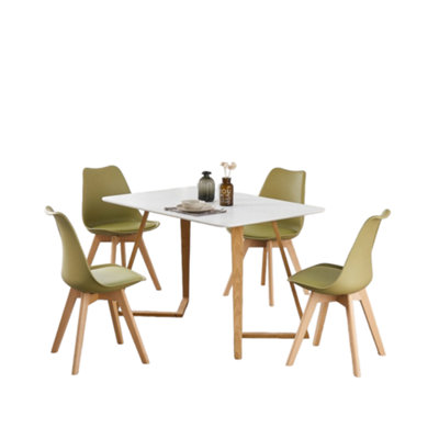 5PCs Dining Set - a White Dallas Dining Table & Set of 4 Lime Green Lorenzo Tulip chairs with Padded Seat