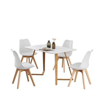 5PCs Dining Set - a White Dallas Dining Table & Set of 4 White Lorenzo Tulip chairs with Padded Seat