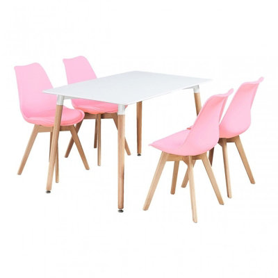 5PCs Dining Set - a White Halo Dining Table & Set of 4 Pink Lorenzo Tulip chairs with Padded Seat
