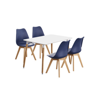 5PCs Dining Set - a White Halo Dining Table & Set of 4 Royal Blue Lorenzo Tulip chairs with Padded Seat